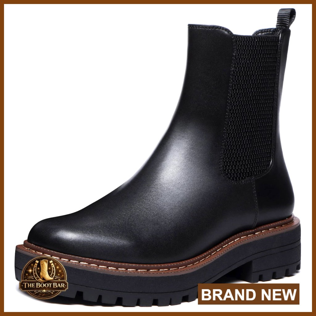 Leather Chelsea Ankle Boots Platform Slip On Chunky Heel Lug Sole Booties